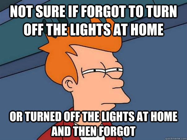 Not sure if forgot to turn off the lights at home Or turned off the lights at home and then forgot  Futurama Fry