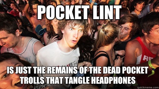 Pocket lint Is just the remains of the dead pocket trolls that tangle headphones  Sudden Clarity Clarence