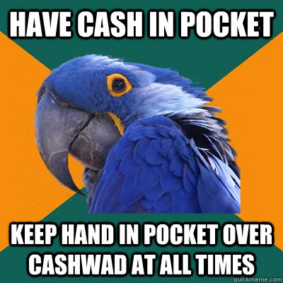 have cash in pocket keep hand in pocket over cashwad at all times  Paranoid Parrot