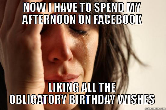 NOW I HAVE TO SPEND MY AFTERNOON ON FACEBOOK LIKING ALL THE OBLIGATORY BIRTHDAY WISHES First World Problems
