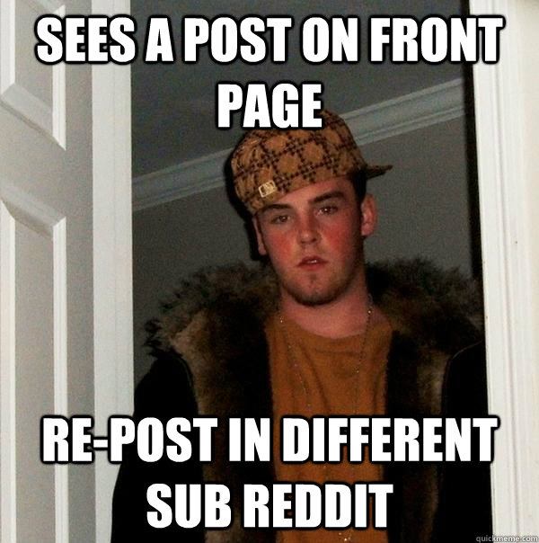 sees a post on front page Re-post in different sub reddit  Scumbag Steve
