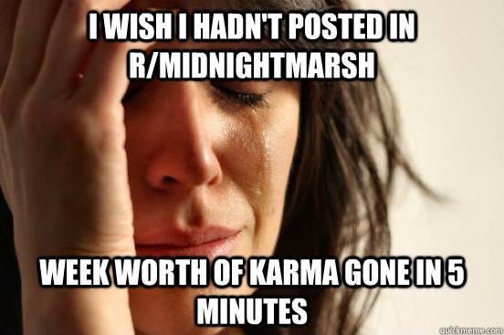 I wish I hadn't posted in r/MidnightMarsh Week worth of karma gone in 5 minutes  First World Problems