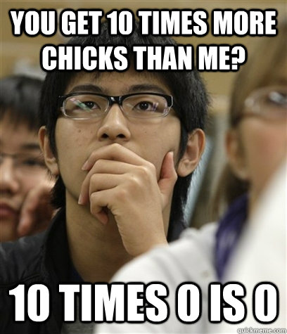 You get 10 times more chicks than me? 10 times 0 is 0  
