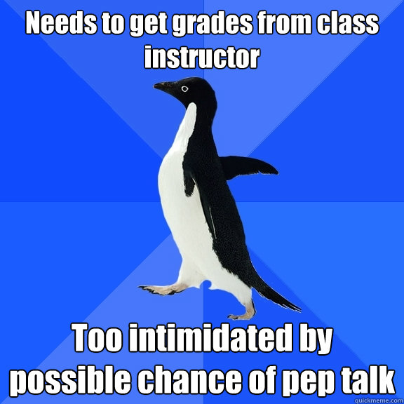 Needs to get grades from class instructor Too intimidated by possible chance of pep talk  Socially Awkward Penguin