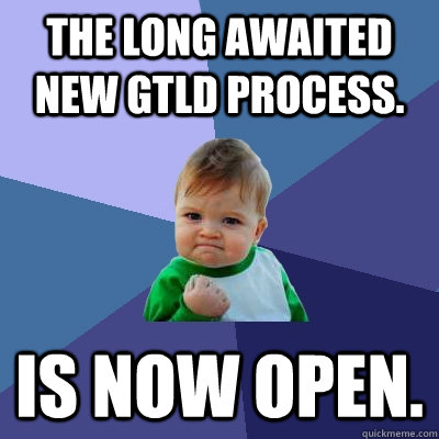 The long awaited New gTLD process. Is now open.  Success Kid