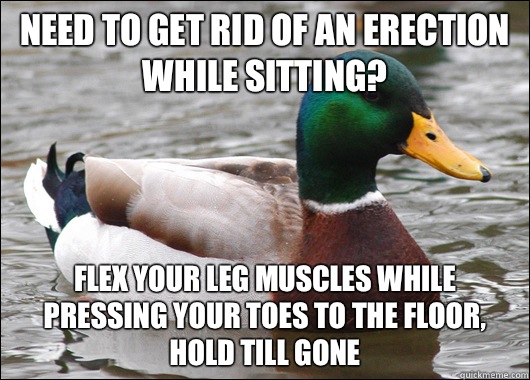 Need to get rid of an erection while sitting? Flex your leg muscles while pressing your toes to the floor, hold till gone  Actual Advice Mallard