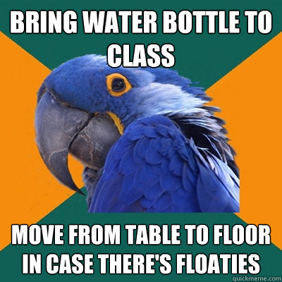 bring water bottle to class move from table to floor in case there's floaties  Paranoid Parrot