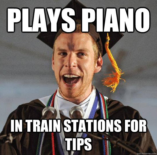 Plays piano In train stations for tips  
