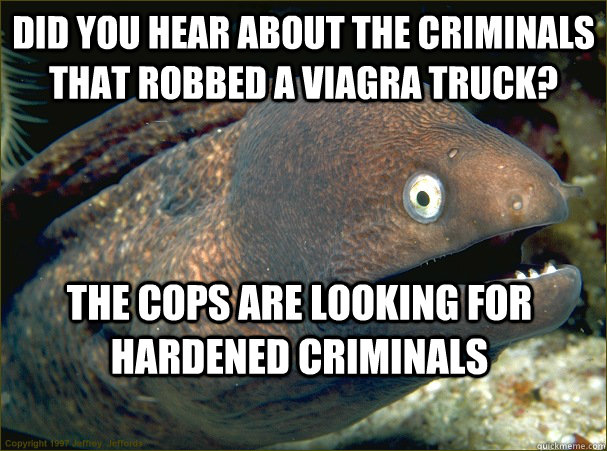 did you hear about the criminals that robbed a viagra truck? the cops are looking for hardened criminals  Bad Joke Eel