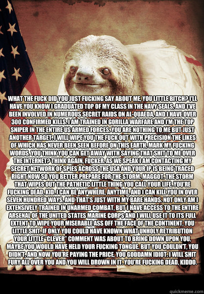 What the fuck did you just fucking say about me, you little bitch? I’ll have you know I graduated top of my class in the Navy Seals, and I’ve been involved in numerous secret raids on Al-Quaeda, and I have over 300 confirmed kills. I am traine - What the fuck did you just fucking say about me, you little bitch? I’ll have you know I graduated top of my class in the Navy Seals, and I’ve been involved in numerous secret raids on Al-Quaeda, and I have over 300 confirmed kills. I am traine  What the fuck did you just fucking say about me