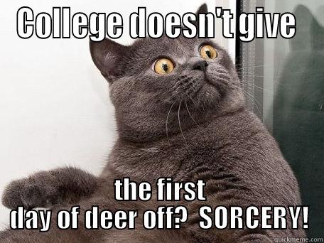 Kids be like - COLLEGE DOESN'T GIVE  THE FIRST DAY OF DEER OFF?  SORCERY! conspiracy cat
