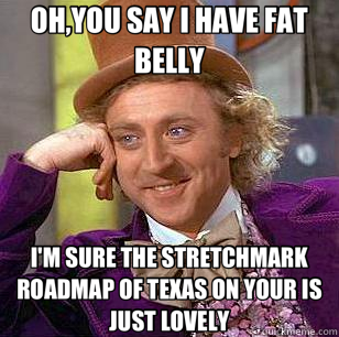 OH,YOU SAY I HAVE FAT BELLY I'M SURE THE STRETCHMARK ROADMAP OF TEXAS ON YOUR IS JUST LOVELY  Condescending Wonka