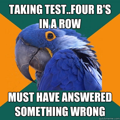 taking test..four B's in a row must have answered something wrong  Paranoid Parrot