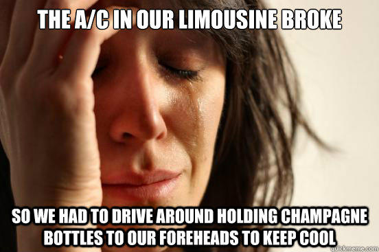 The a/c in our limousine broke  so we had to drive around holding champagne bottles to our foreheads to keep cool  - The a/c in our limousine broke  so we had to drive around holding champagne bottles to our foreheads to keep cool   First World Problems