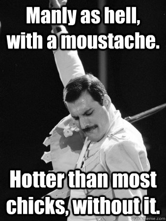 Manly as hell, with a moustache. Hotter than most chicks, without it. - Manly as hell, with a moustache. Hotter than most chicks, without it.  Freddie Mercury