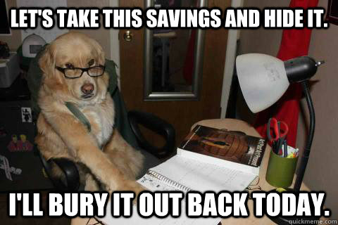 Let's take this savings and hide it. I'll bury it out back today.  Accountant Dog