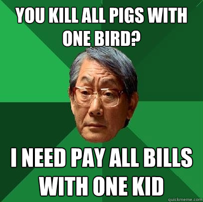 you kill all pigs with one bird? I need pay all bills with one kid  High Expectations Asian Father