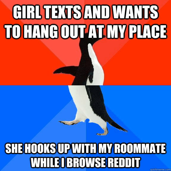 girl texts and wants to hang out at my place she hooks up with my roommate while i browse reddit  Socially Awesome Awkward Penguin