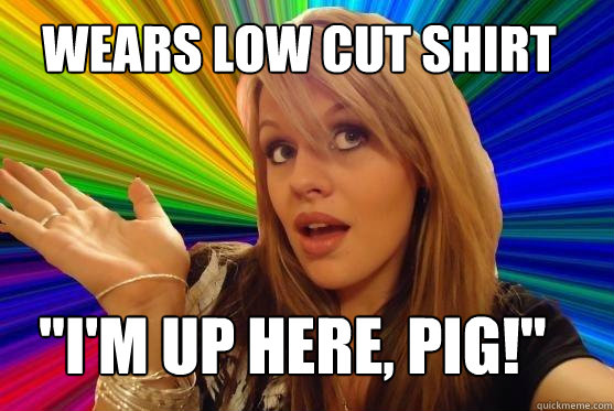 wears low cut shirt 
 