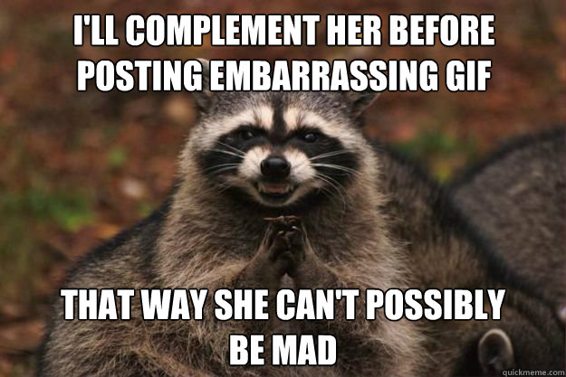 I'll complement her before
posting embarrassing gif That way she can't possibly
be mad  - I'll complement her before
posting embarrassing gif That way she can't possibly
be mad   Evil Plotting Raccoon