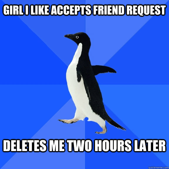 girl i like accepts friend request  Deletes me two hours later   Socially Awkward Penguin