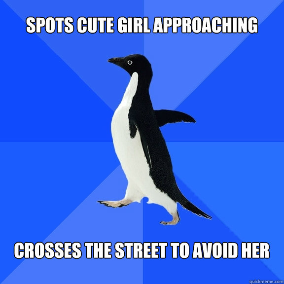 Spots cute girl approaching Crosses the street to avoid her  Socially Awkward Penguin