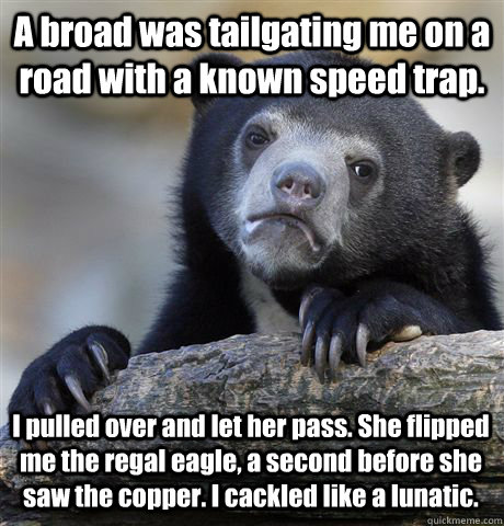 A broad was tailgating me on a road with a known speed trap. I pulled over and let her pass. She flipped me the regal eagle, a second before she saw the copper. I cackled like a lunatic.  Confession Bear