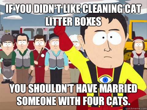 If you didn't like cleaning cat litter boxes you shouldn't have married someone with four cats.   South Park memes