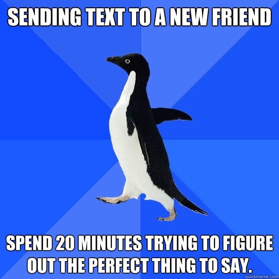 Sending text to a new friend spend 20 minutes trying to figure out the perfect thing to say.   Socially Awkward Penguin