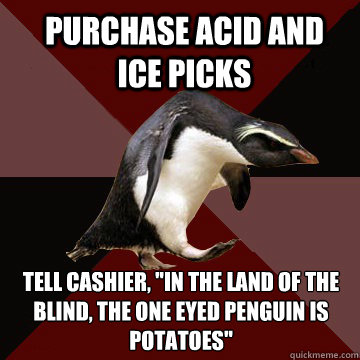 Purchase acid and ice picks Tell cashier, 