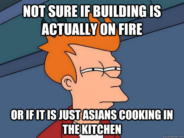 Not sure if building is actually on fire or if it is just asians cooking in the kitchen  Futurama Fry