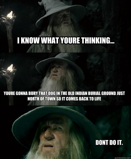 I know what youre thinking... youre gonna bury that dog in the old indian burial ground just north of town so it comes back to life dont do it. - I know what youre thinking... youre gonna bury that dog in the old indian burial ground just north of town so it comes back to life dont do it.  Confused Gandalf