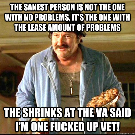 The sanest person is not the one with no problems, it's the one with the lease amount of problems The shrinks at the VA said I'm one fucked up vet!  