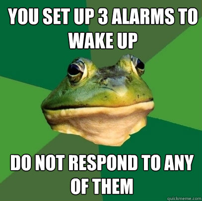 You set up 3 alarms to wake up Do not respond to any of them  Foul Bachelor Frog