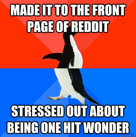 made it to the front page of reddit stressed out about being one hit wonder  Socially Awesome Awkward Penguin