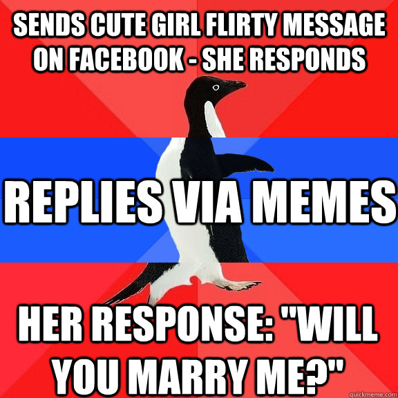 sends cute girl flirty message on Facebook - she responds replies via memes her response: 