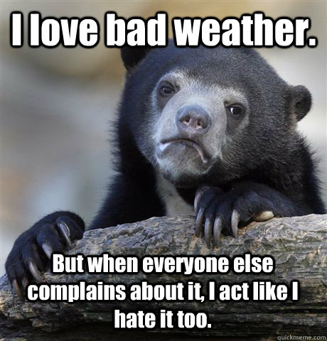 I love bad weather. But when everyone else complains about it, I act like I hate it too.  Confession Bear