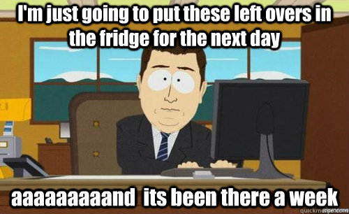 I'm just going to put these left overs in the fridge for the next day aaaaaaaaand  its been there a week  anditsgone