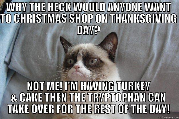 NOT SHOPPING ON THANKSGIVING - WHY THE HECK WOULD ANYONE WANT TO CHRISTMAS SHOP ON THANKSGIVING DAY? NOT ME! I'M HAVING TURKEY & CAKE THEN THE TRYPTOPHAN CAN TAKE OVER FOR THE REST OF THE DAY! Grumpy Cat