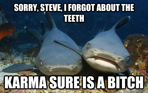 Sorry, steve, I forgot about the teeth karma sure is a bitch - Sorry, steve, I forgot about the teeth karma sure is a bitch  Compassionate Shark Friend