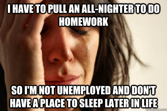 I have to pull an all-nighter to do homework so i'm not unemployed and don't have a place to sleep later in life - I have to pull an all-nighter to do homework so i'm not unemployed and don't have a place to sleep later in life  First World Problems