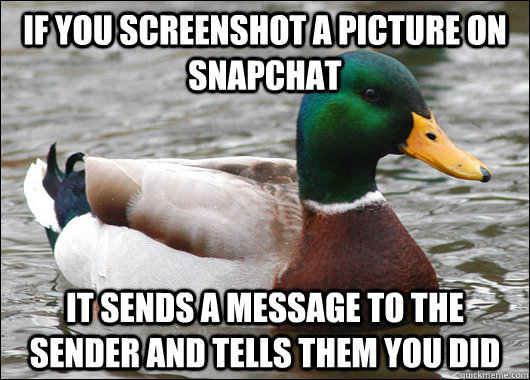 If you screenshot a picture on snapchat it sends a message to the sender and tells them you did - If you screenshot a picture on snapchat it sends a message to the sender and tells them you did  Actual Advice Mallard