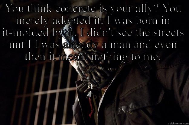 YOU THINK CONCRETE IS YOUR ALLY? YOU MERELY ADOPTED IT; I WAS BORN IN IT-MOLDED BY IT. I DIDN'T SEE THE STREETS UNTIL I WAS ALREADY A MAN AND EVEN THEN IT MEANT NOTHING TO ME.  Angry Bane