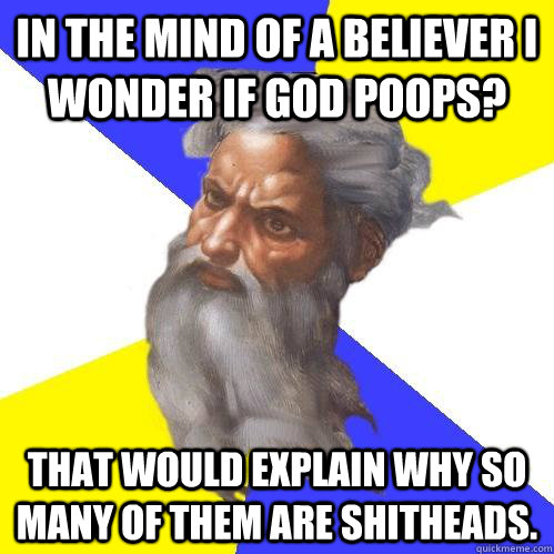 In the mind of a believer I wonder if god poops? That would explain why so Many of them are shitheads.   Advice God
