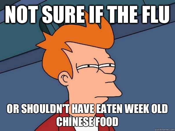 Not sure if the flu Or shouldn't have eaten week old Chinese food  Futurama Fry