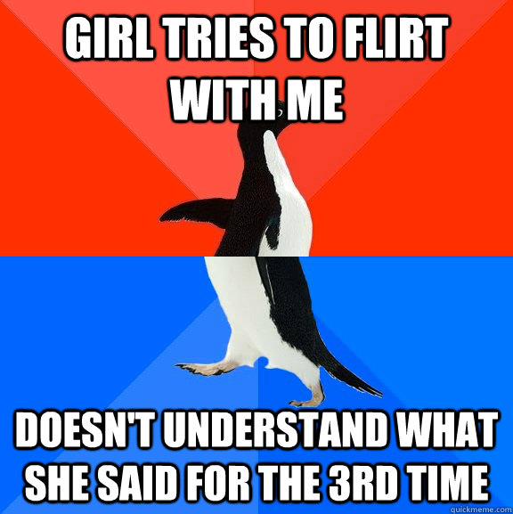 girl tries to flirt with me doesn't understand what she said for the 3rd time  Socially Awesome Awkward Penguin