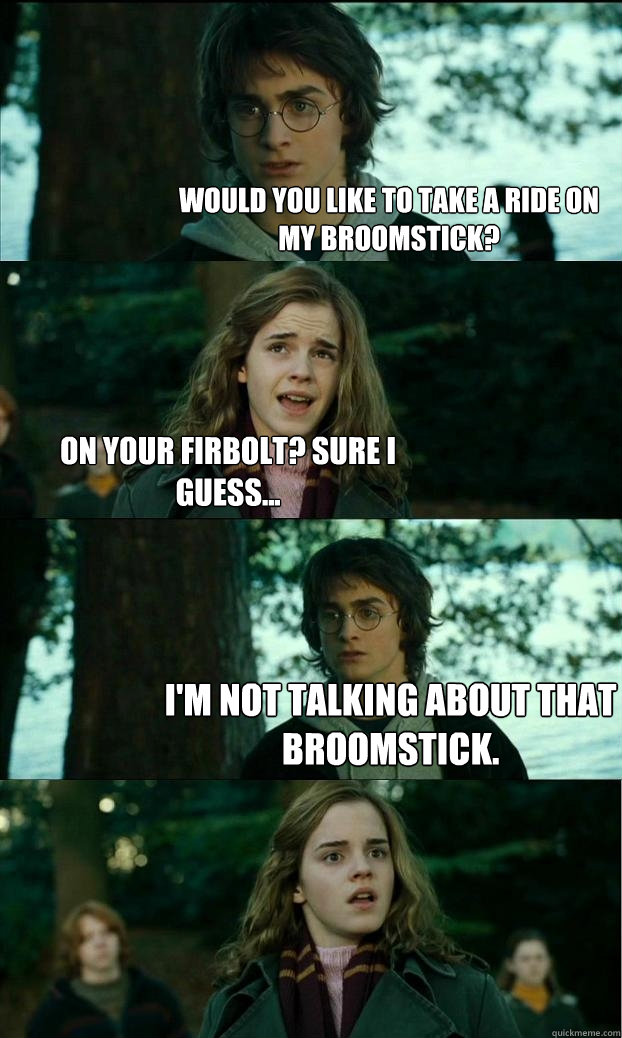 Would you like to take a ride on my broomstick? On your Firbolt? Sure I guess... I'm not talking about that broomstick.  - Would you like to take a ride on my broomstick? On your Firbolt? Sure I guess... I'm not talking about that broomstick.   Horny Harry