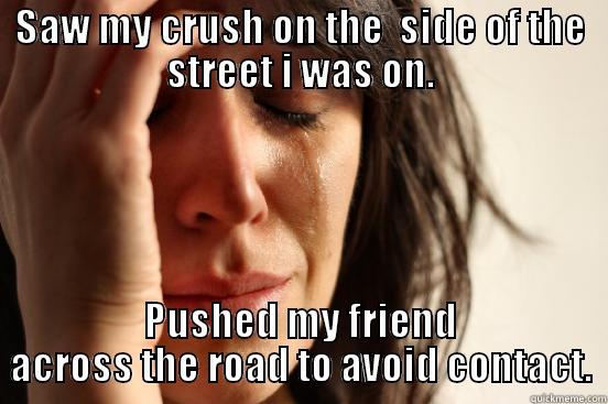 SAW MY CRUSH ON THE  SIDE OF THE STREET I WAS ON. PUSHED MY FRIEND ACROSS THE ROAD TO AVOID CONTACT. First World Problems