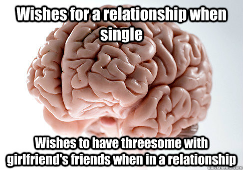 Wishes for a relationship when single Wishes to have threesome with girlfriend's friends when in a relationship   Scumbag Brain