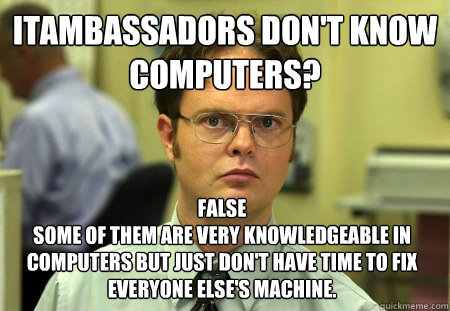 ITAmbassadors don't know computers?
 False
Some of them are very knowledgeable in computers but just don't have time to fix everyone else's machine.  Dwight